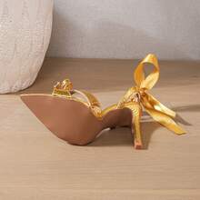 2026 New Arrival Sexy Pointed Toe High Heel Pearl Sandals, Bowknot Design, Nightclub Style, Summer Party Shoes - Gold - View 10