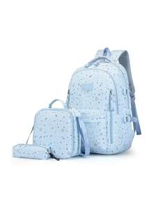 Women's Half-Shell Gauze Backpack Kit, Lightweight And High-Value, Simple, For Campus, Large Capacity, School Backpack, With Thermal Lunchbox. - Baby Blue - View 2