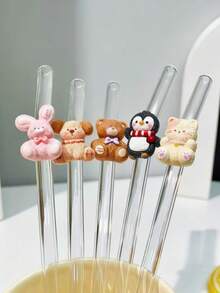 1/2/6/15件可愛動物玻璃吸管，適用於日常飲品，學生與情侶的完美禮物，適合海灘、婚禮與節日活動 - 無色 - 查看 6