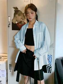 Women's Loose Fit Turndown Collar Backless Tie-Up Long Sleeve Blouse, Lightweight, Spring/Summer - Blue - View 3