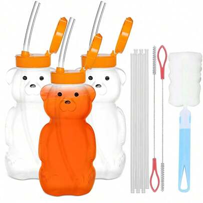 Vaso con popote para bebe 3 Piezas, vaso entrenador con popote, botellas en forma de oso, con cepillo para limpiar paja, grado alimenticio, sin BPA. incluye 3 botellas de ositos, 6 popotes reutilizables y 1 cepillo para limpiar paja