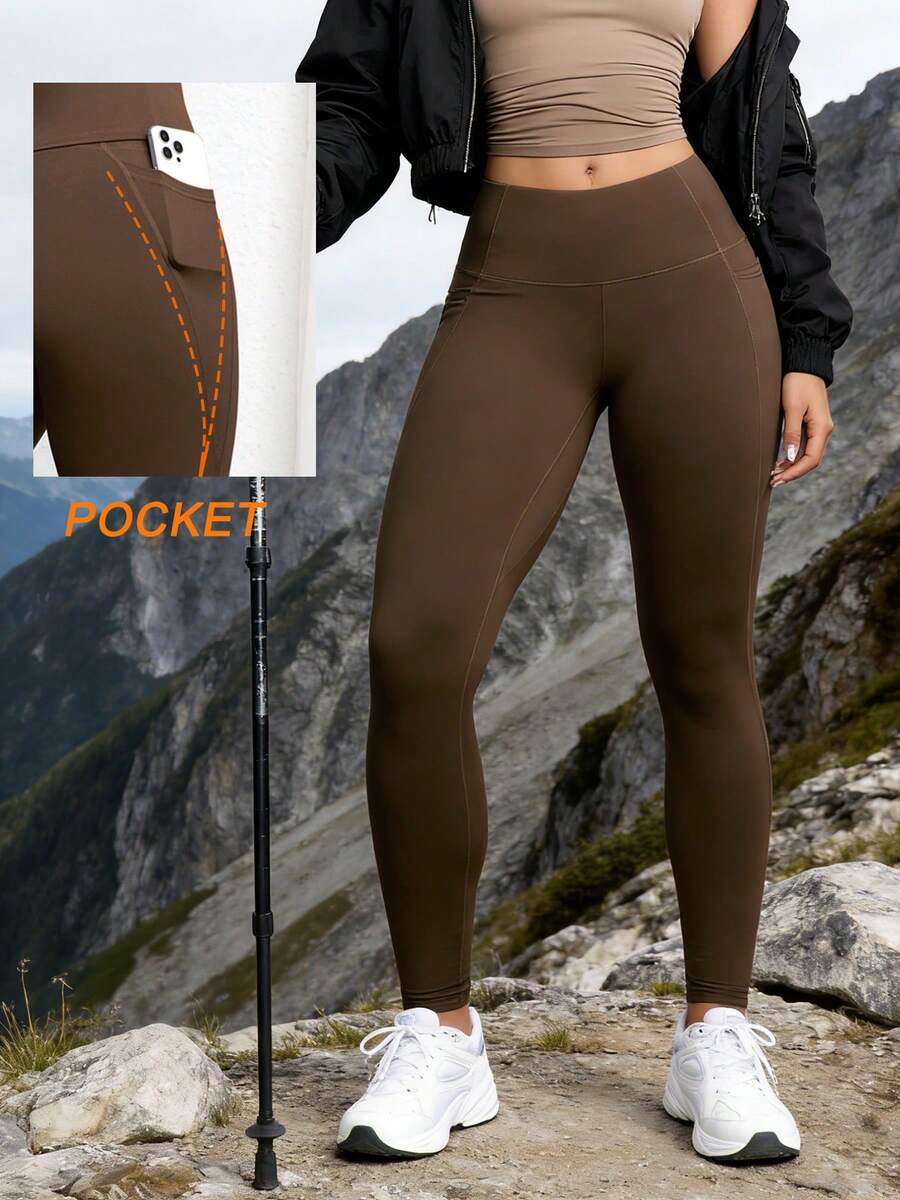 女士纯色高腰打底裤，带口袋，柔软户外运动紧身裤，弹力腰带显瘦瑜伽跑步户外裤 - 咖啡棕 - 查看 1