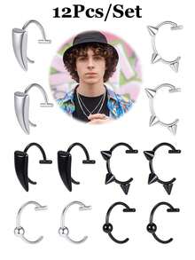 8/12Pcs Fake Nose Ring Fake Lip Piercing Fake Lip Ring Fake Nose Ring Hoop Fake Snake Bites Fake Lip Piercings Faux Lip Rings Fake Nose Piercing Clip On Nose Ring Spring - Multicolor - View 7