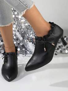 女士时尚蝴蝶结尖头侧拉链系带粗跟高跟鞋，百搭春秋鞋 - 黑色 - 查看 4