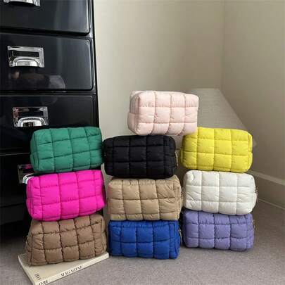 Fashionable Multi-Purpose Quilted Plaid & Solid Color Clutch, Cosmetic Bag, Casual Pouch, Pleated Small Bag, Travel Insert, Home Storage Pouch, Pencil Case Makeup Bag Make Up Organizer Toiletry Travel Bag