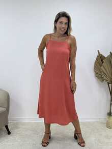 Printed Viscose Midi Dress With Square Neckline And Thin Straps - trái cam - Xem 1