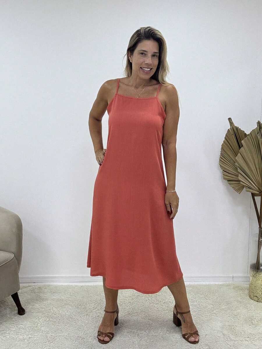 Printed Viscose Midi Dress With Square Neckline And Thin Straps - trái cam - Xem 1