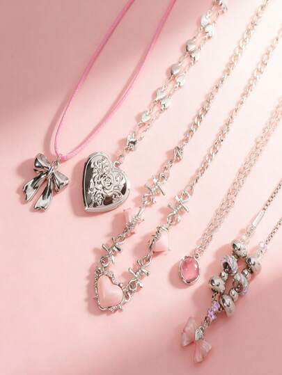Set de 5 collares rosas, colgante en forma de corazón, colgante rosa, regalo de joyería para mujeres, Día de San Valentín