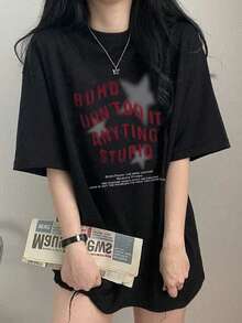 Japanese Style Women's Loose Crew Neck Casual Versatile Letter & Star Print Short Sleeve T-Shirt, Spring/Summer - Black - View 1