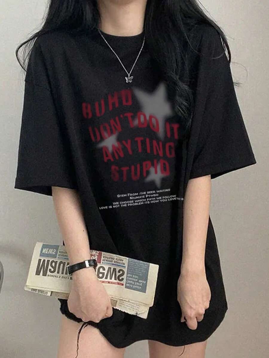 Japanese Style Women's Loose Crew Neck Casual Versatile Letter & Star Print Short Sleeve T-Shirt, Spring/Summer - Black - View 1