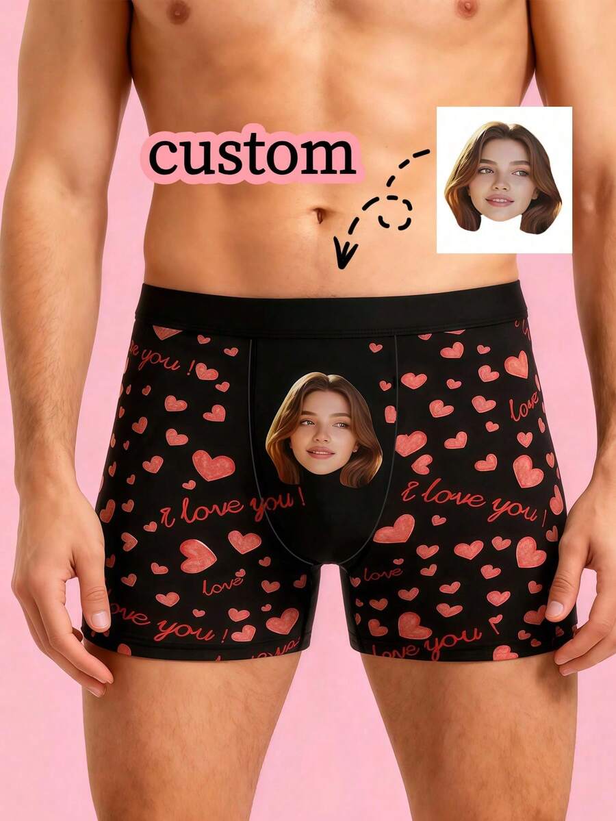 1pc Customized Photo & "I Love You" Heart Print Black Elastic Fabric Comfortable Fitted Romantic Personalized Briefs, Valentine's Day Gift - Multicolor - View 1