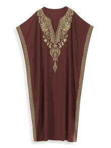 Đầm Kaftan màu đỏ rượu vang dành cho nữ cỡ lớn, cổ chữ V, thêu vàng, tay ngắn, dáng rộng, thoải mái, thích hợp mặc đi biển nghỉ mát. - màu nâu - Xem 3