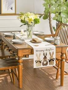 1 pieza Camino de mesa de lino para Pascua, con diseño de conejito de Pascua y huevos, diseño floral cálido, disponible en varios tamaños, adecuado para comedor del hogar, decoración de cocina, decoración del hogar, fiestas al aire decoración de restaurantes, con apariencia de lino texturizado - Blanco - Ver 2