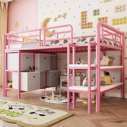 Children's Bed 90x200, Metal Loft Bed With Storage, Bed With Wide Stairs, Rounded Corners, Drawers And Shelves For Space-Saving Organization In The Children's Room, Pink