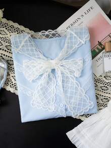 法式蕾丝边饰藏蓝色翻领女式衬衫，春夏款，宽松版型，显瘦，长袖休闲上衣 - 藍色 - 查看 10