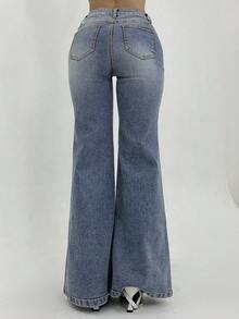 Y2K风格喇叭牛仔裤，高腰修身优雅女裤，弹力水洗蓝色牛仔长裤，街头时尚休闲春季单品 - 復古藍 - 查看 3