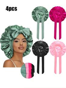 2/4 piezas Gorro de dormir de satén para mujer, diseño de correa elástica, suave y sedoso, material de satén colorido, gorro de dormir casual para el cuidado diario del cabello en el hogar - Multicolor A - Ver 19