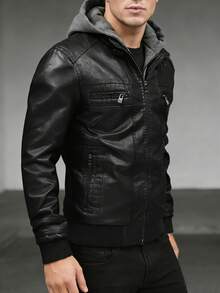Men's Black Faux Leather Hooded Jacket | Casual Streetwear Style Removable Hood PU Leather Coat | Windproof Zip-Up Bomber Jacket With Chest Pockets & Ribbed Cuffs | Perfect For Fall Winter Daily Wear & Outdoor Activities - 黑色 - 查看 2