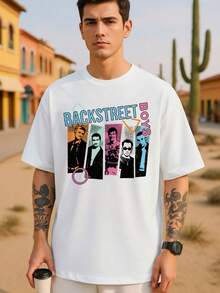 Camiseta de Manga Corta Estilo Vintage para Caballero - Estampado de Banda Clásica Nostalgia, Top Casual para Verano y Festivales, Diseño Geométrico Colorido - Blanco - Ver 8