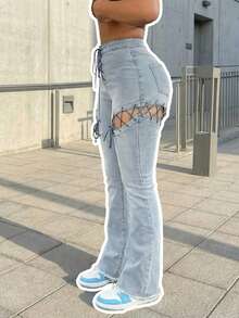 Quần áo nữ mùa thu, phong cách cô gái nóng bỏng, cạp trung thời trang, ôm sát, thắt eo, khoét lỗ, khoe chân, quần jean dài, quần thường ngày mùa xuân. - Màu xanh lam - Xem 1