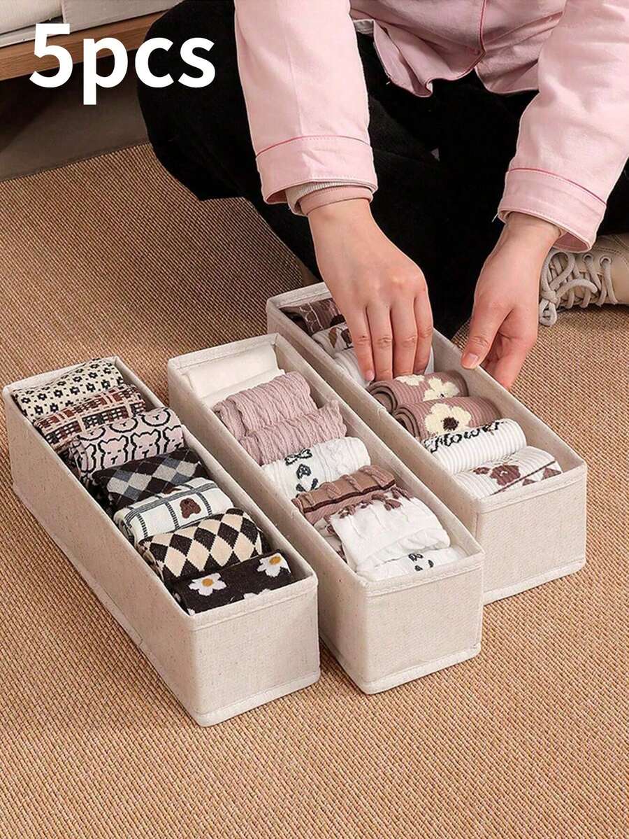 5 قطع سلة تخزين مفتوحة قابلة للطي من الكتان، منظم جوارب غير منسوج، تخزين وتنظيم الخزانة، صندوق تخزين قابل للتكديس بأسلوب الدرج، توفير المساحة، مناسب للجوارب والملابس الداخلية والربطات والأوشحة والإكسسوارات ومستحضرات التجميل، إكسسوارات تخزين متعددة الأغراض
