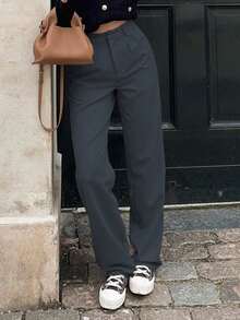 MYOURSA 纯色前褶直筒修身裤（春季款） - 深灰色 - 查看 5