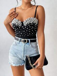 Handmade Faux Pearl Versatile Backless Camisole Top, Fashionable Resort Style Casual Black Summer - Black - View 2