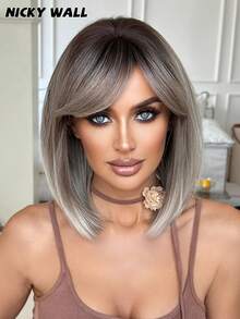 NICKY WALL 16英寸灰色渐变波波头假发，短直发带刘海，高密度耐热合成纤维，适合日常、派对、节日等场合，新手友好，无需胶水，无痕，绝佳礼物 - 漸變灰色 - 查看 2