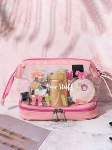 PVC材质便携透明化妆包，印有“发饰”字样和各种蝴蝶结图案，大容量双层干湿分离防水洗漱包，多功能女性旅行化妆收纳包，适用于洗漱包 - 彩色 - 查看 6