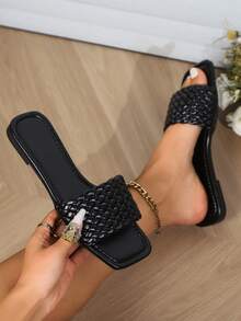New Flat Sandals, Fashion Personalized Single Woven Strap Design Open Toe Flat Slippers, Beach Casual Vacation Style, Spring/Summer Daily Wear, Gentle Pink, Vibrant Red, Dazzling Magenta, Classic Black, Pure White - Black - View 1