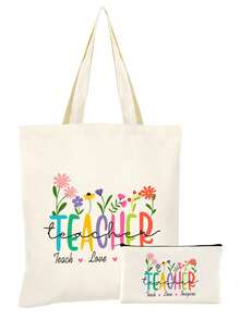 10/5/4/2pcs/1pc/Set Teacher Themed Canvas Tote Bag, Shopping Bag, Zipper Pouch, Appreciation Card, Apple Keychain Canvas Gift Set, Suitable For Back To School, Graduation, Teacher's Day, Multi-Purpose Shopping Bag, Book Bag, Stationery Pouch Set, Portable For SPA, Party, Gym, Travel, Cosmetic Organizer - Beige - View 59