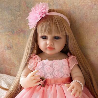 22-Inch (Approx. 55cm) Realistic Reborn Baby Doll, Pink Floral Princess Dress, Vinyl Full Body, Cute Fox Design, Bathing & Play Companion, Pretend Play, Birthday Gift (Includes Bottle, Pacifier, Diaper, Birth Certificate)