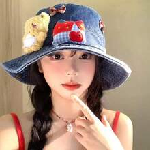 Cute Bear Bow Denim Bucket Hat For Women, Large Brim Summer Sun Hat To Make Face Look Smaller - Cowboy Bucket Hat - View 2