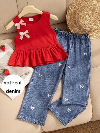 两件套女童休闲套装：无袖纯色上衣，饰有3D蝴蝶结，松紧腰带，搭配蝴蝶结直筒裤。