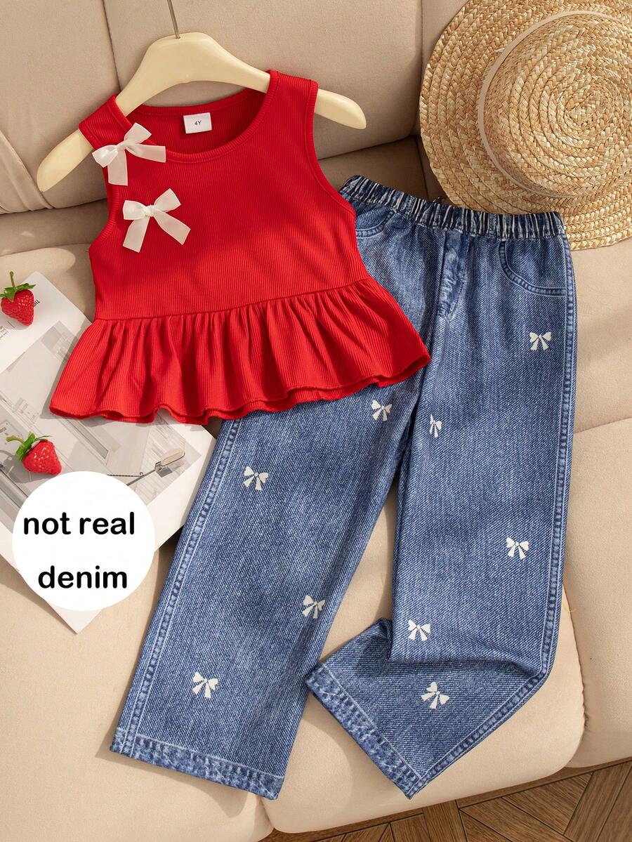 Ținută casual pentru fete, 2 buc.: Top fără mâneci, culoare solidă, cu design cu fundă 3D și pantaloni drepți cu talie elastică și fundă. - roșu - Vizualizare 1