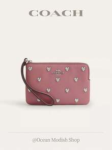 Coach Corner Zip Wallet Wristlet Bag In Signature Canvas With Stripe,Purses And Bags Women Wallet Bags For Women Christmas Gift For Her CW854 - Watermelon Pink - View 1