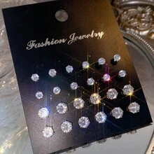 12 pares de pendientes de cristal para mujer, set de pendientes de strass de tamaños mixtos - Plateado - Ver 2