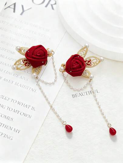 2pcs Women Velvet Rose Hair Clips, Pearl Chain/Red Teardrop Tassel Ornaments, Luxurious Festive Hair Accessories Suitable For Hanfu And Other Occasions