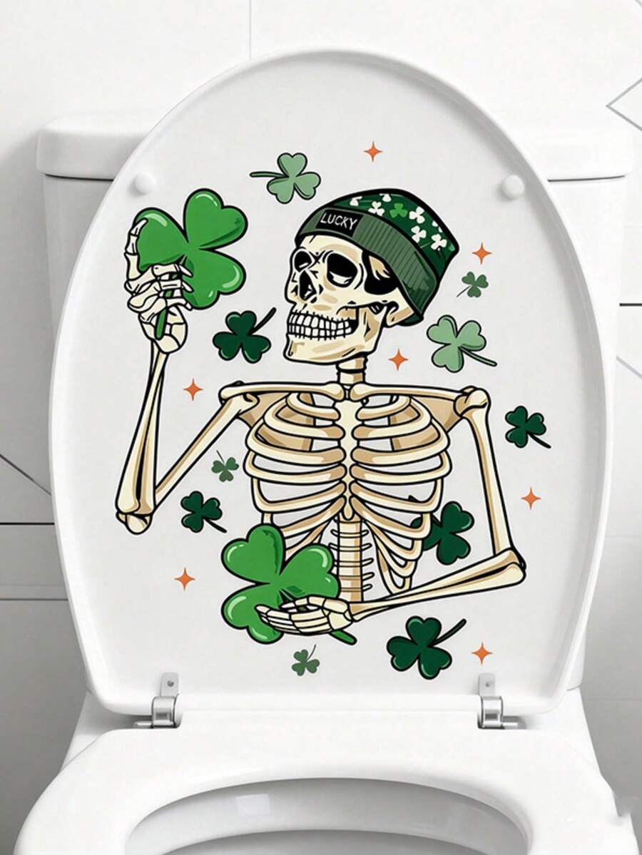 1pc (2D Flat ) Lucky St. Patrick's Skeleton Vinyl Sticker Suitable For St Patrick's Day Decorations, Toilet Lid, Bathtub, Fridge, Walls - Irish-Themed Bathroom & Home Decals, - Easy Peel & Stick Bathroom (No Residue) - Multicolor - View 1
