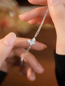 1pc S925 Sterling Silver Minimalist Butterfly Fully Paved Double Layer Bracelet, Delicate & Elegant Design, Suitable As Gift For Women - Butterfly - View 9