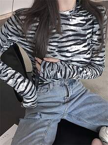 时尚斑马纹长袖T恤，性感修身女士打底衫，春季款 - 黑色 - 查看 4