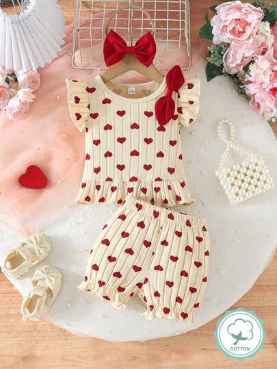 2pcs Baby Girls Heart Print Top And Casual Shorts Set With Headband, Sweet Little Girl Outfit