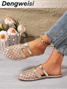 Random Asymmetric Dot Print Floral Pattern Splice T-Strap Flat Round Toe Comfortable Versatile Vacation Casual Daily Fashion Women Sandals - Gold - View 1