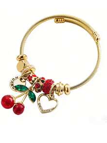 1 Peça Pulseira com Vários Pendentes de Cereja, Pulseira com Pingente de Coração Oco, Pulseira com Pingente de Estrela e Sol, Pulseira de Contas com Furo Grande, Adequada para Uso Diário, Presente, Dia das Mães, Dia dos Namorados, Pulseira Versátil de Presente - Pulseira - Visão 3