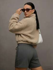 女士优雅拉链羊毛短外套 早春时尚新款纯色时尚泰迪熊外套 情人节情侣外套 棕色外出上衣 春夏度假派对健身运动休闲宽松长袖春假女式街头外套 - 卡其色 - 查看 10