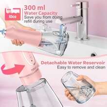 irrigador oral sin cable flosser de agua para dientes, 5 modos y 6 chorros, hilo dental USB-C de 300 ml, para cuidado de soporte, viajes y uso en el hogar - Rosa - Ver 2