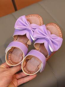 1 Pair Plus Size 2025 New Fashion Versatile Girl's Sandals With Pearl & Rhinestone Bow Decor, Cute Flat Shoes, Round Toe, Suitable For Daily Wear, Dancing, Outdoor, Embellished With Sequins, Closed Toe Princess Shoes, Spring & Autumn - Purple - View 4