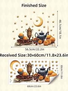 1pc Ramadan Mubarak Watercolor Wall Sticker - Self-Adhesive PVC Moon, Star & Food Pattern Decals, Suitable For Bedroom, Living Room, Kitchen - Perfect Holiday Home Decor Gift - Multicolor - View 2