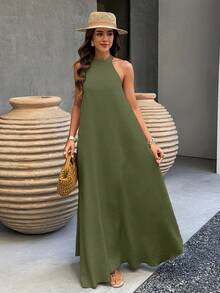 波西米亚复古度假风吊带A字连衣裙，春夏沙滩裙，女士长款夏季连衣裙，情人节优雅连衣裙 - 軍綠色 - 查看 4