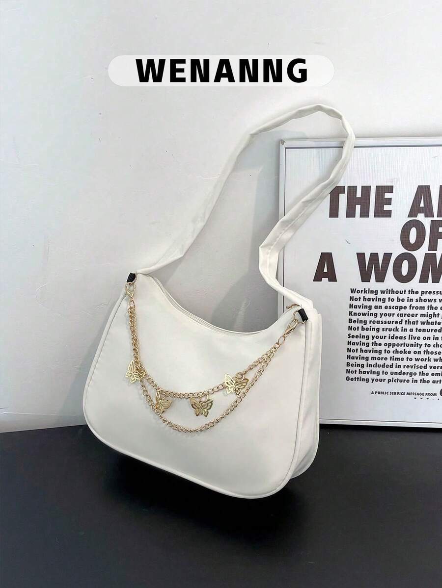 女士时尚纯色蝴蝶链条装饰单肩包 - 白色 - 查看 1